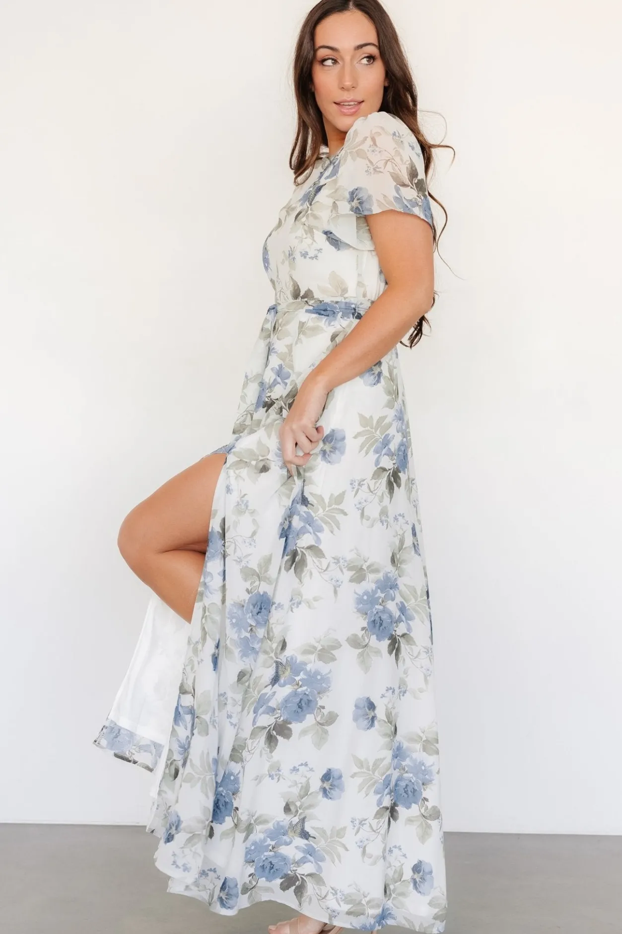 New Baltic Born Naomi Short Sleeve Maxi Dress | Dusty Blue Floral DustyBlueFloral
