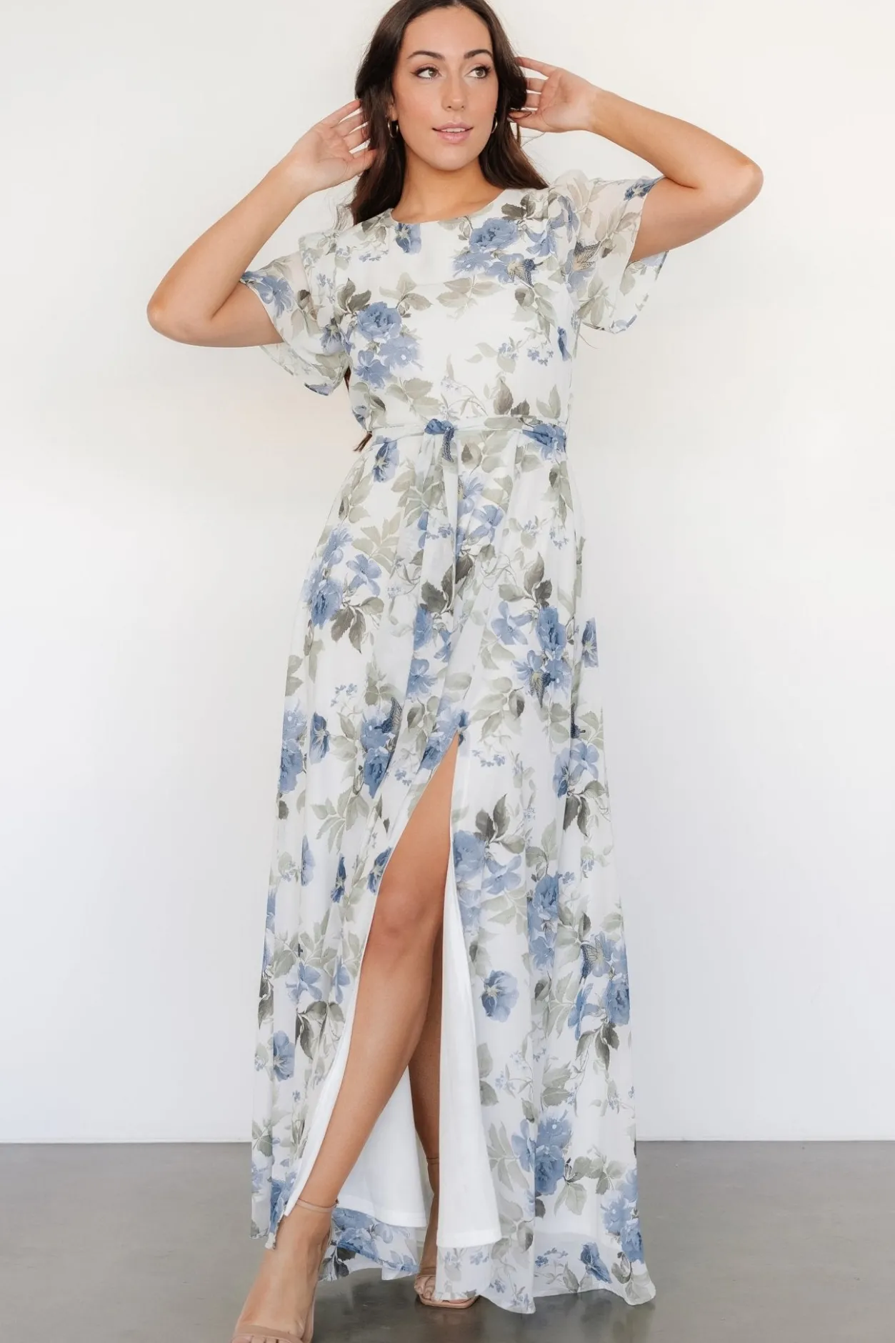 New Baltic Born Naomi Short Sleeve Maxi Dress | Dusty Blue Floral DustyBlueFloral