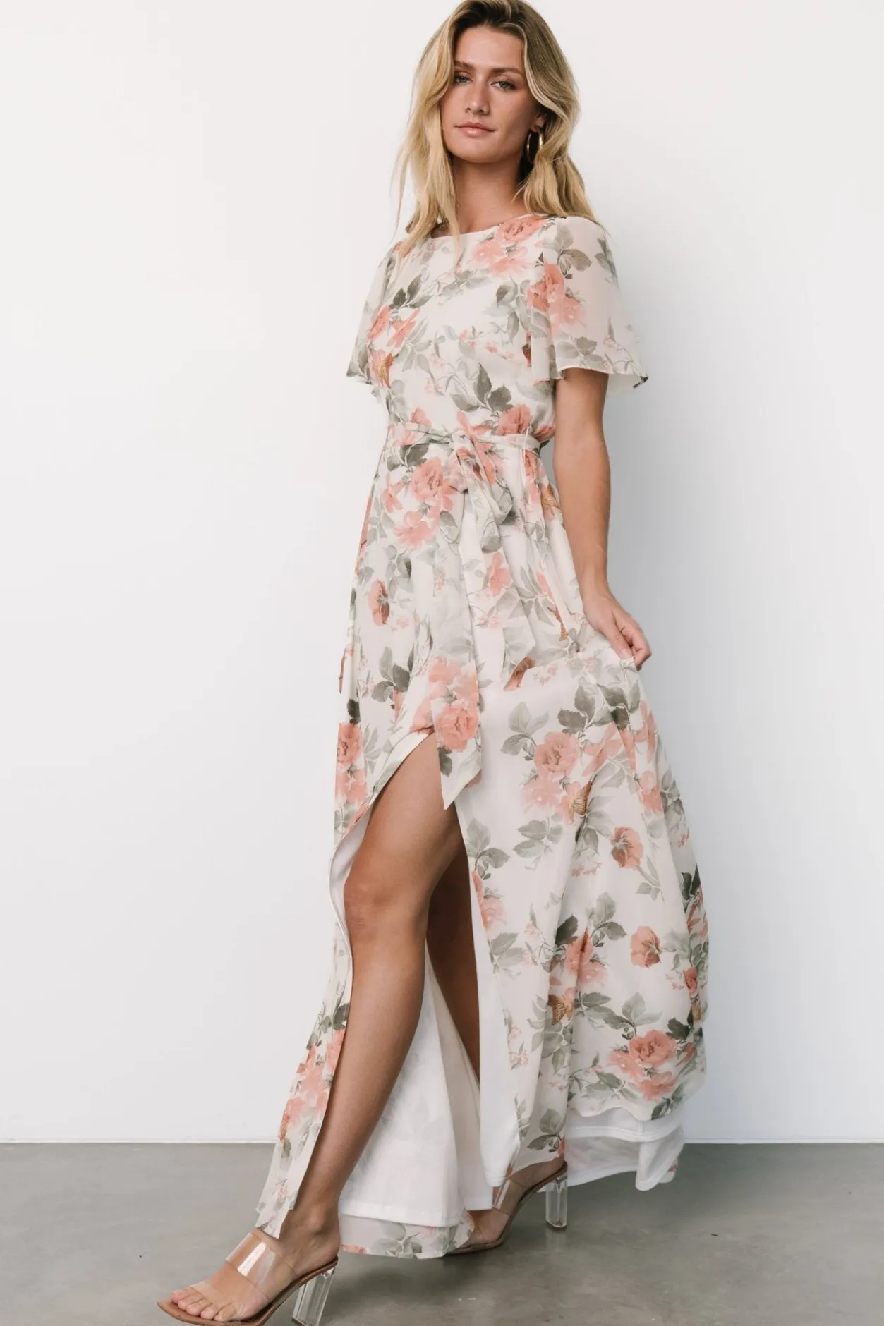 Clearance Baltic Born Naomi Short Sleeve Maxi Dress | Ivory + Coral Floral Ivory+CoralFloral