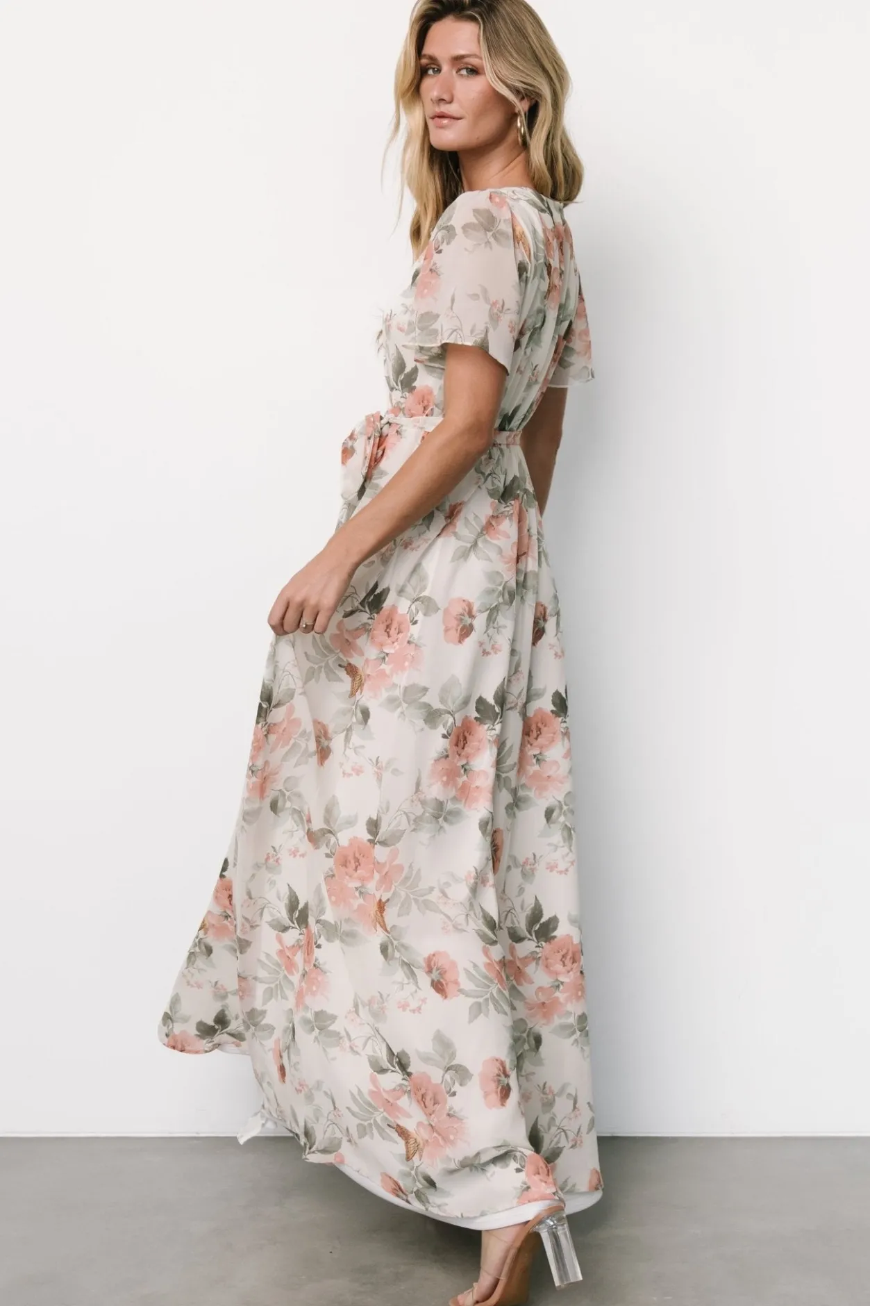 Clearance Baltic Born Naomi Short Sleeve Maxi Dress | Ivory + Coral Floral Ivory+CoralFloral