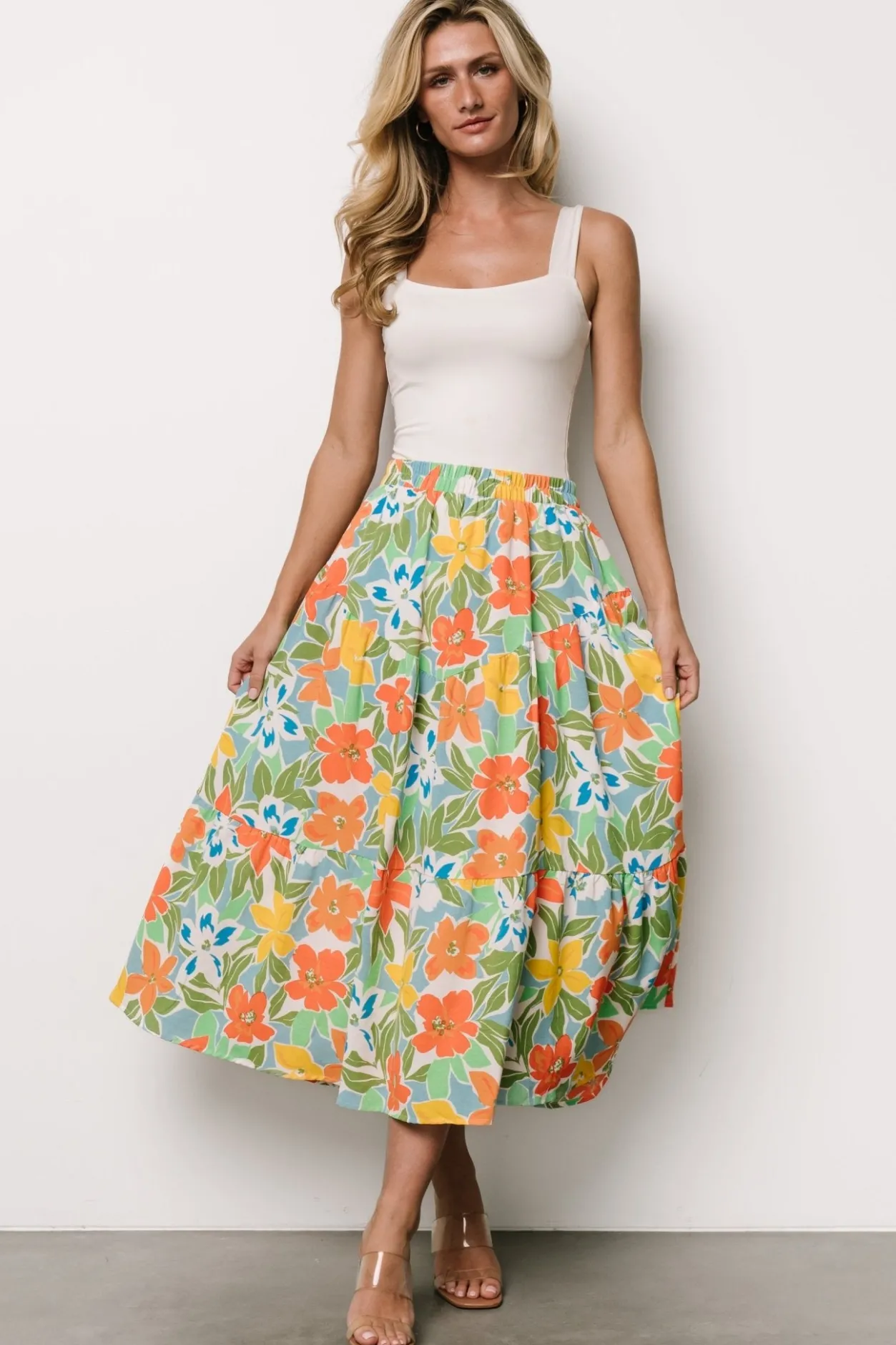 New Baltic Born Nika Tiered Skirt | Orange + Blue Floral Orange+BlueFloral