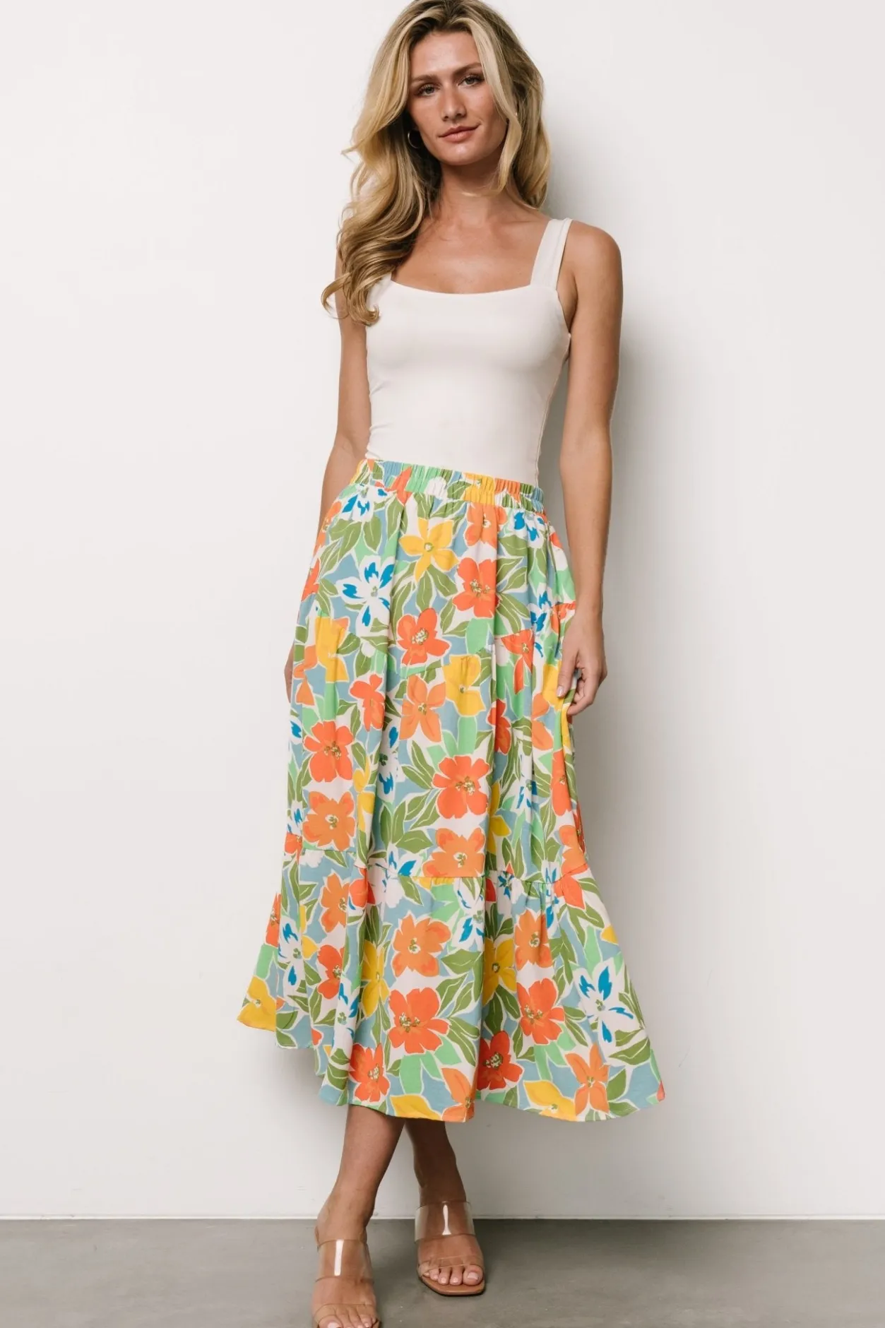 New Baltic Born Nika Tiered Skirt | Orange + Blue Floral Orange+BlueFloral