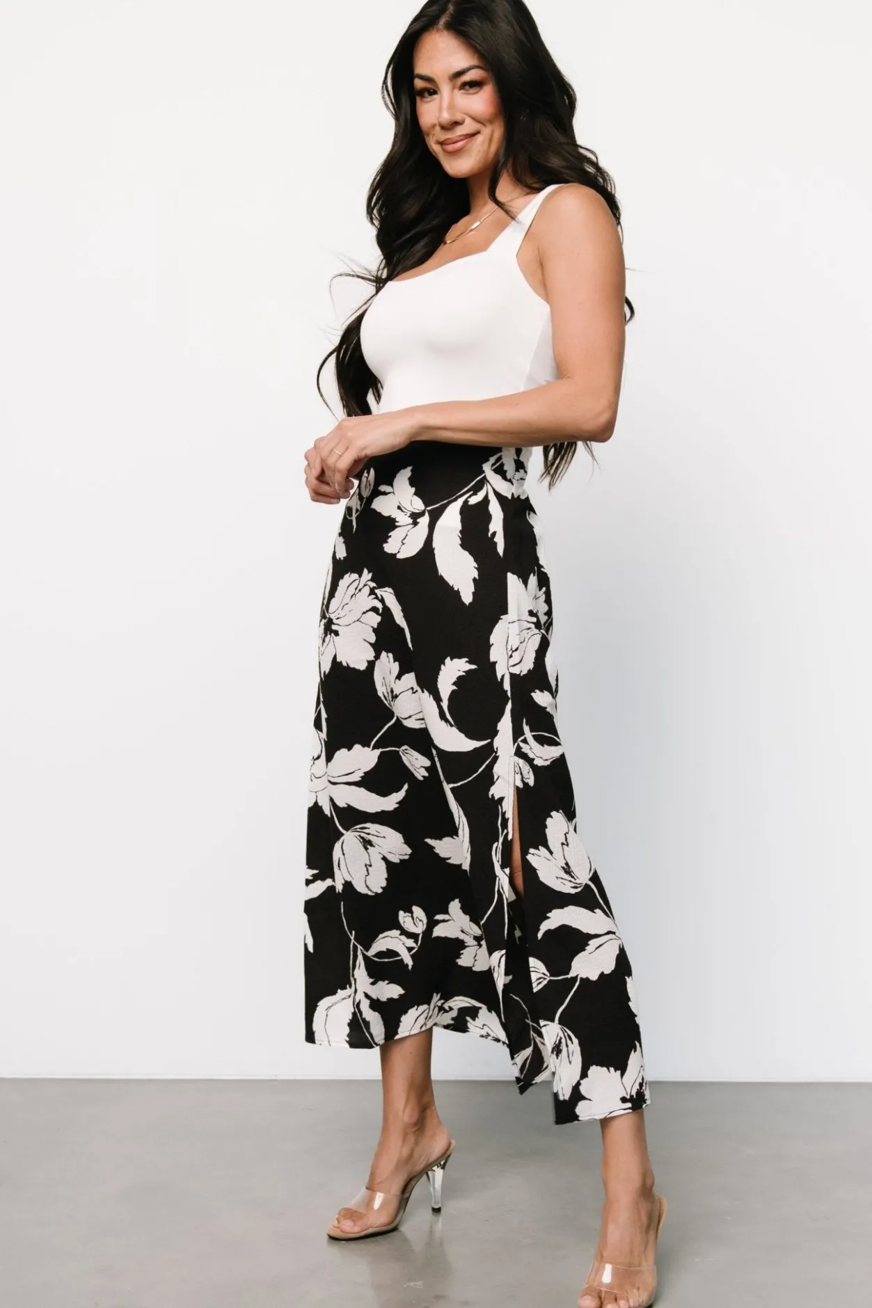 Hot Baltic Born Osaka Midi Skirt | Black + White Floral Black+WhiteFloral