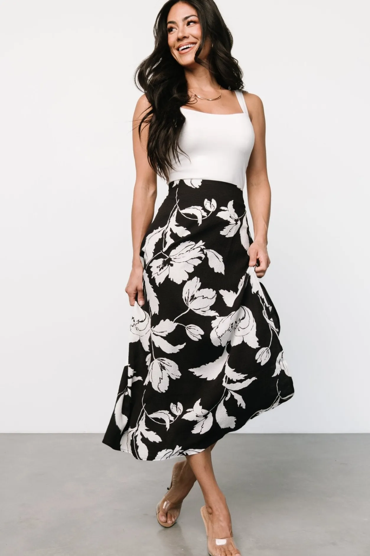 Hot Baltic Born Osaka Midi Skirt | Black + White Floral Black+WhiteFloral