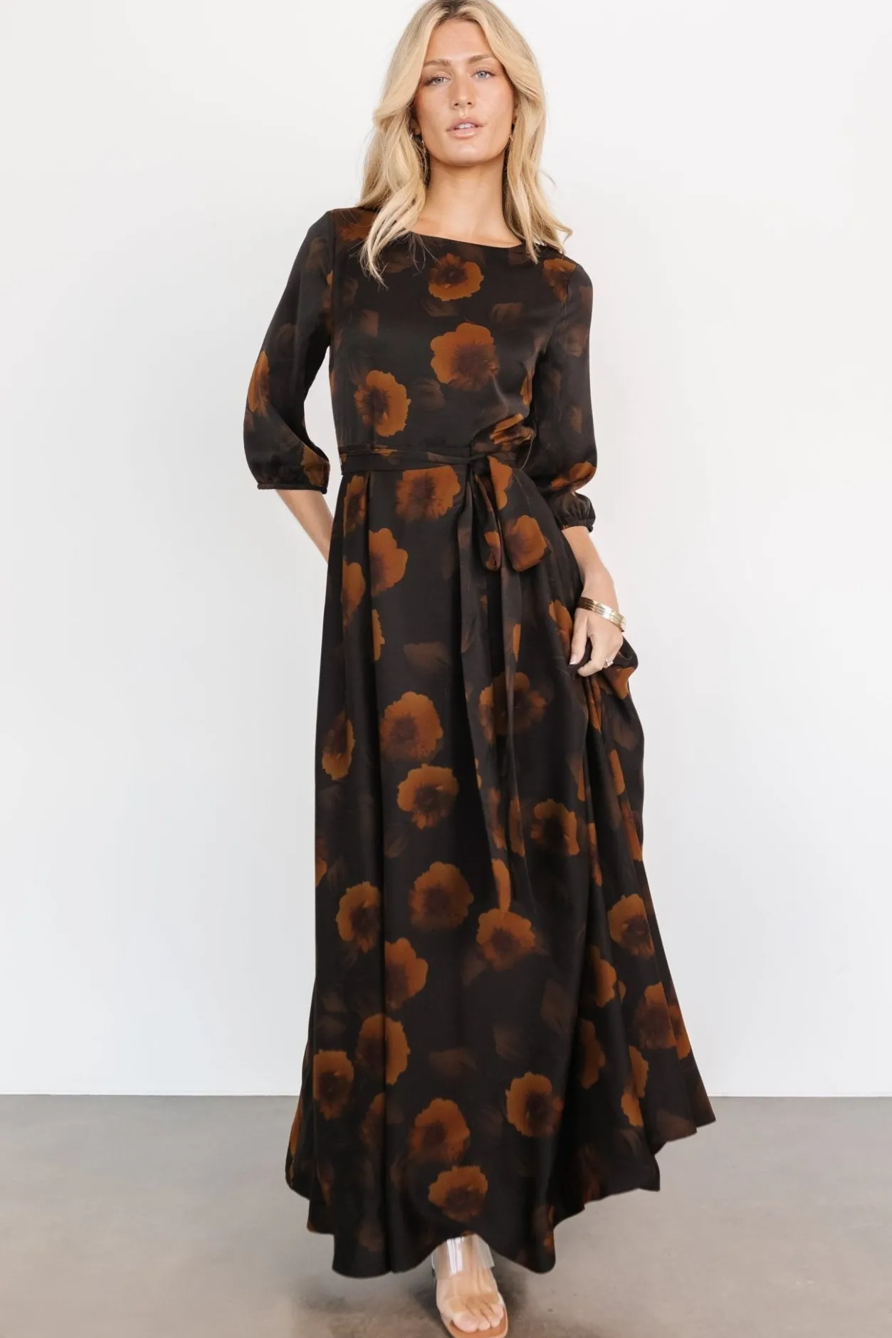Best Baltic Born Paula Satin Maxi Dress | Deep Brown Floral DeepBrownFloral