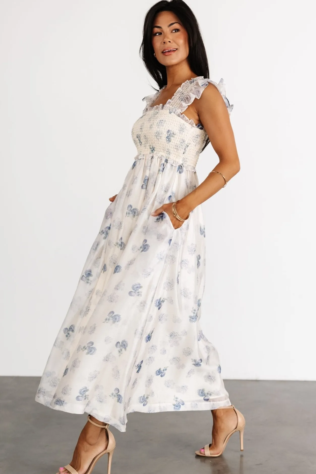 Outlet Baltic Born Phoebe Midi Dress | Cream + Blue Floral Cream+BlueFloral