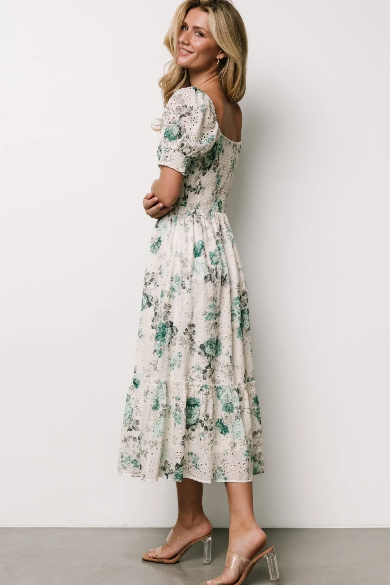 Fashion Baltic Born Piper Eyelet Midi Dress | Off White + Green Floral OffWhite+GreenFloral