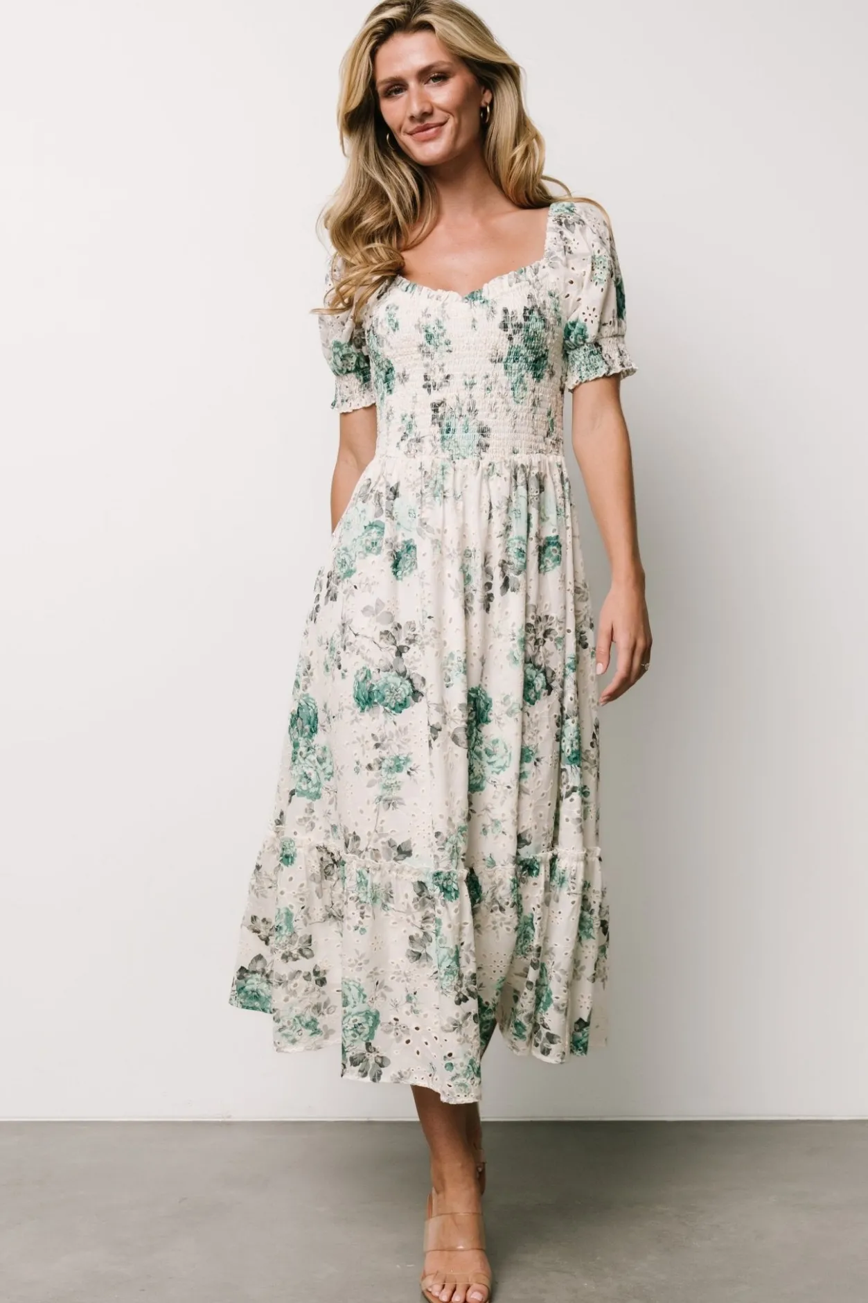 Fashion Baltic Born Piper Eyelet Midi Dress | Off White + Green Floral OffWhite+GreenFloral