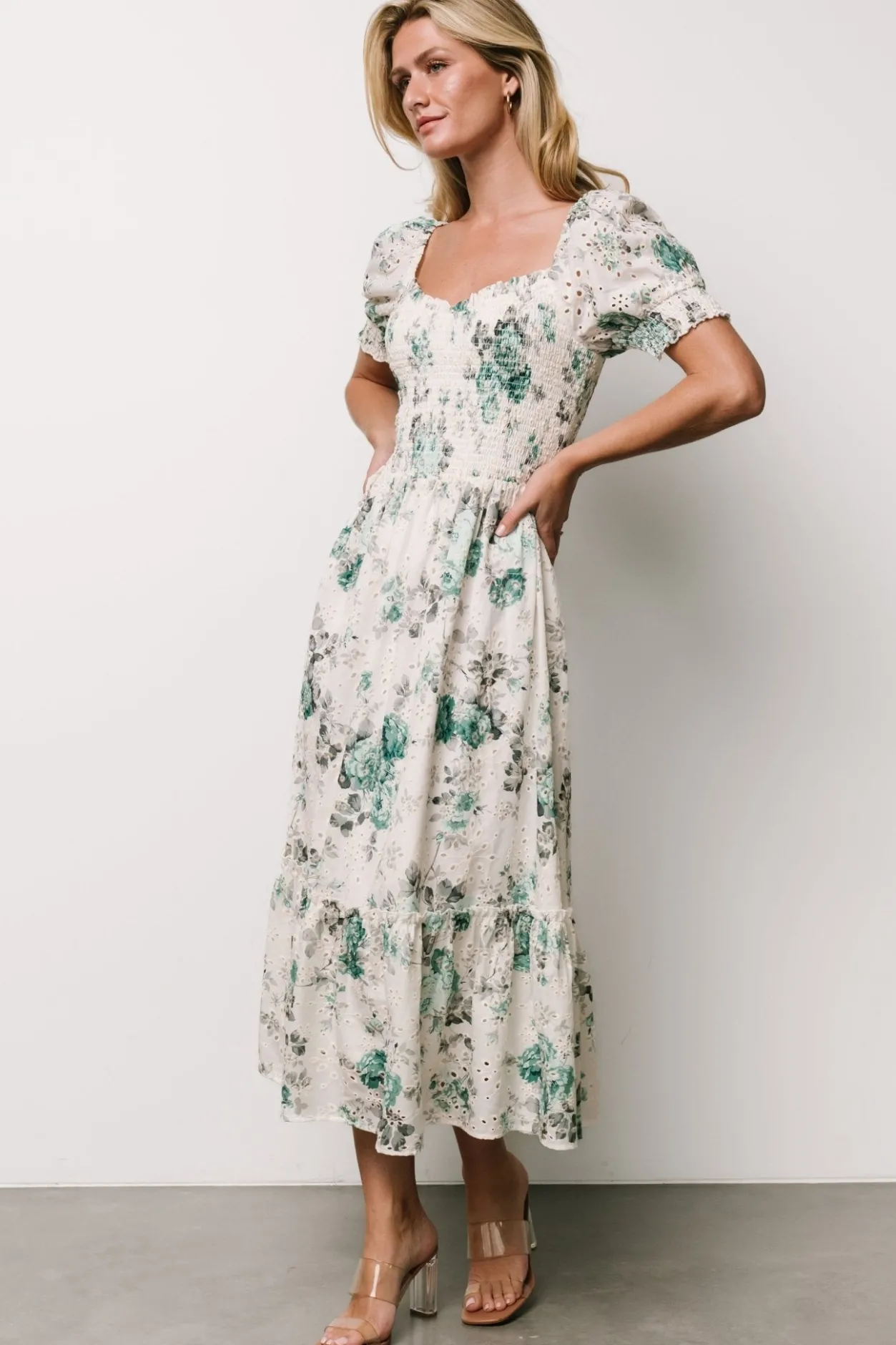Fashion Baltic Born Piper Eyelet Midi Dress | Off White + Green Floral OffWhite+GreenFloral