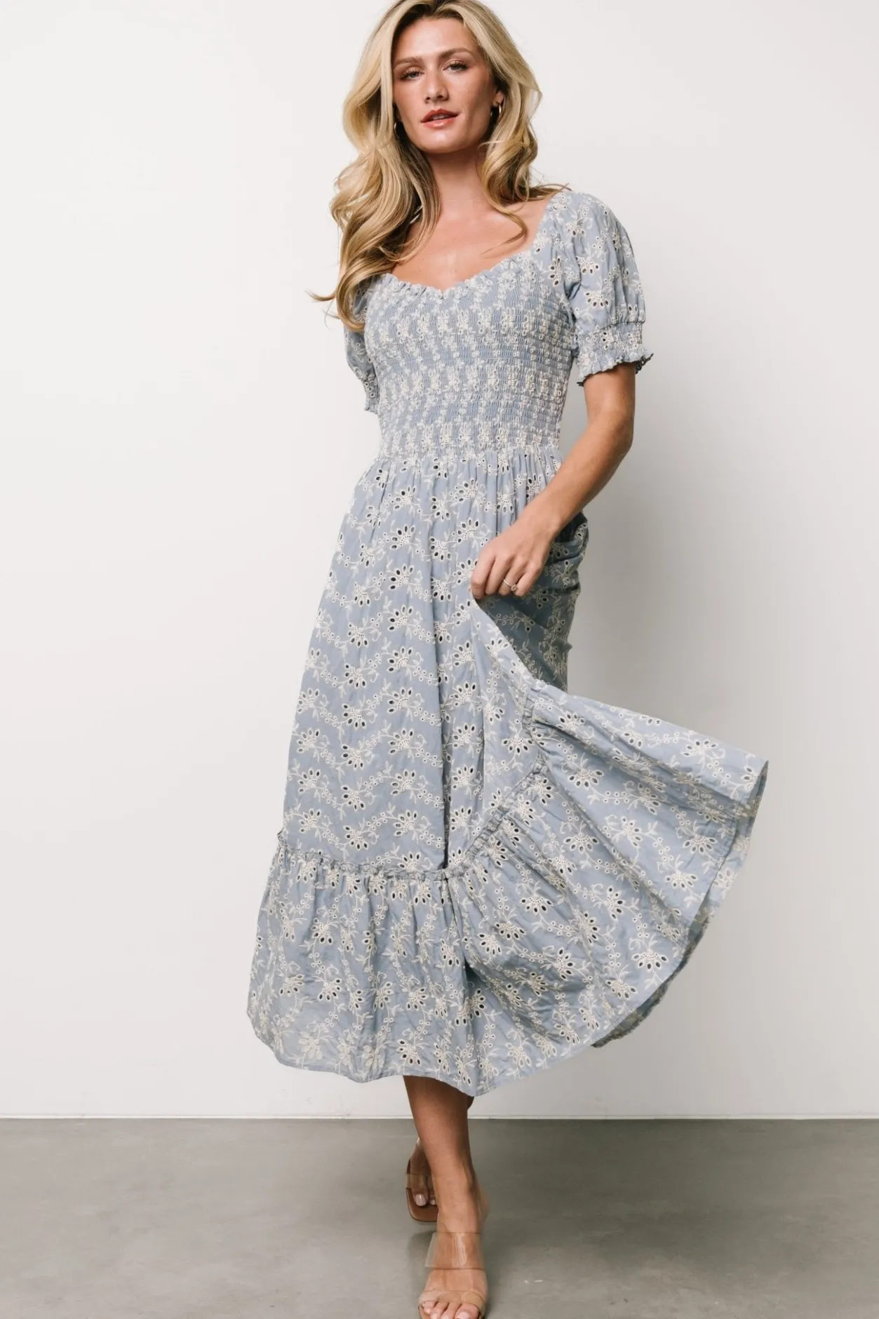 New Baltic Born Piper Eyelet Midi Dress | Blue + Ivory Blue+Ivory