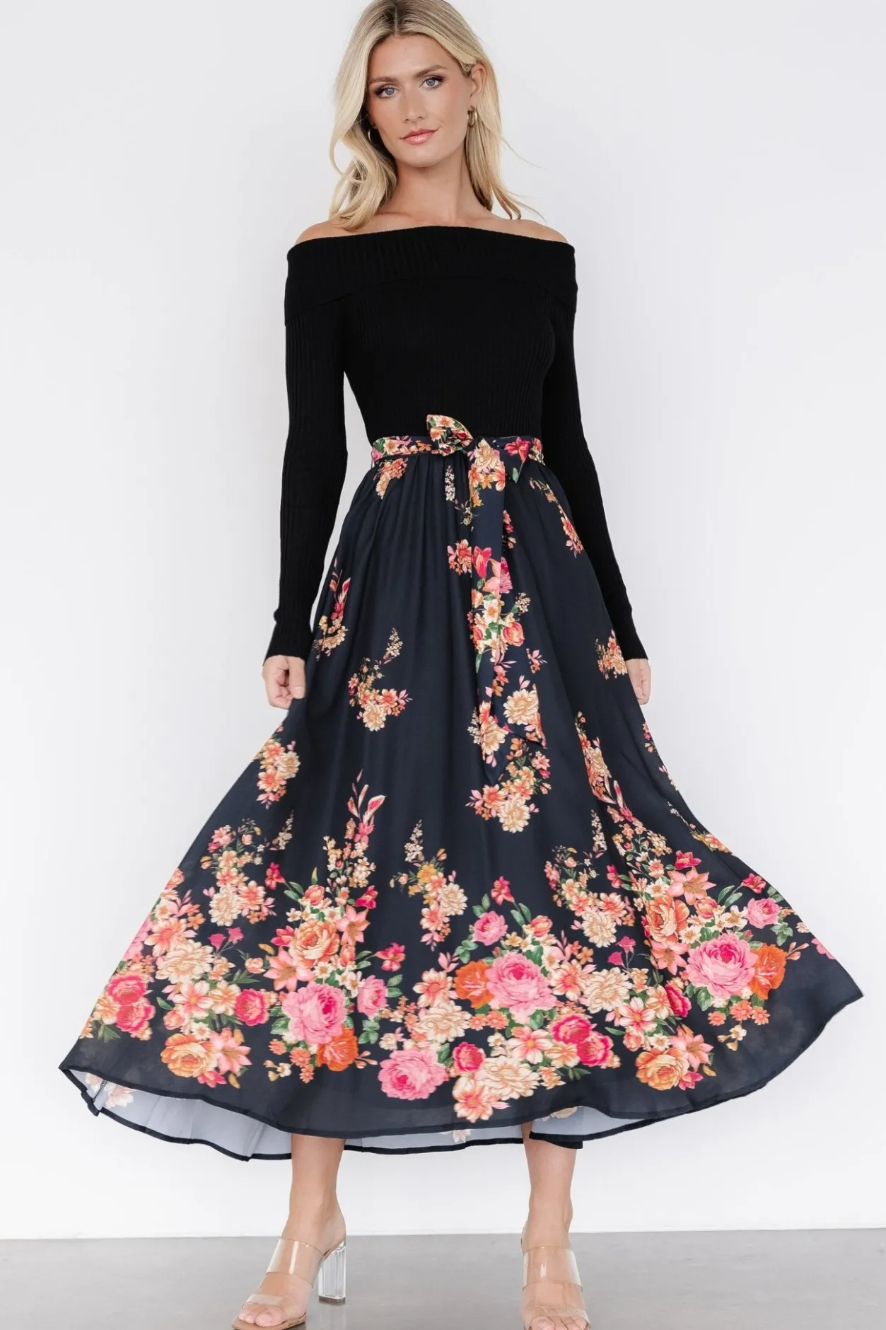Fashion Baltic Born Qadira Off Shoulder Dress | Black + Multi Floral Black+MultiFloral