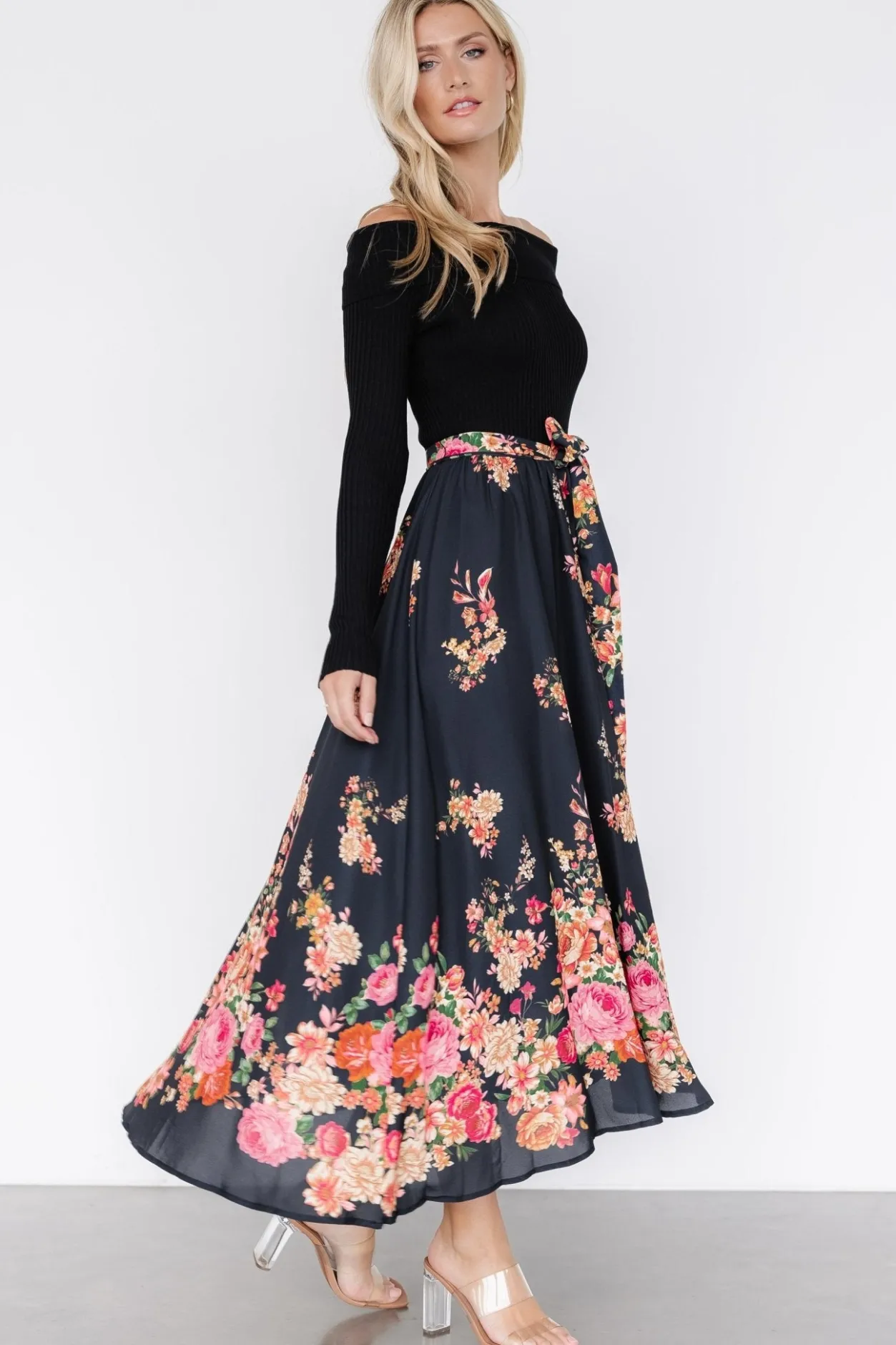 Fashion Baltic Born Qadira Off Shoulder Dress | Black + Multi Floral Black+MultiFloral
