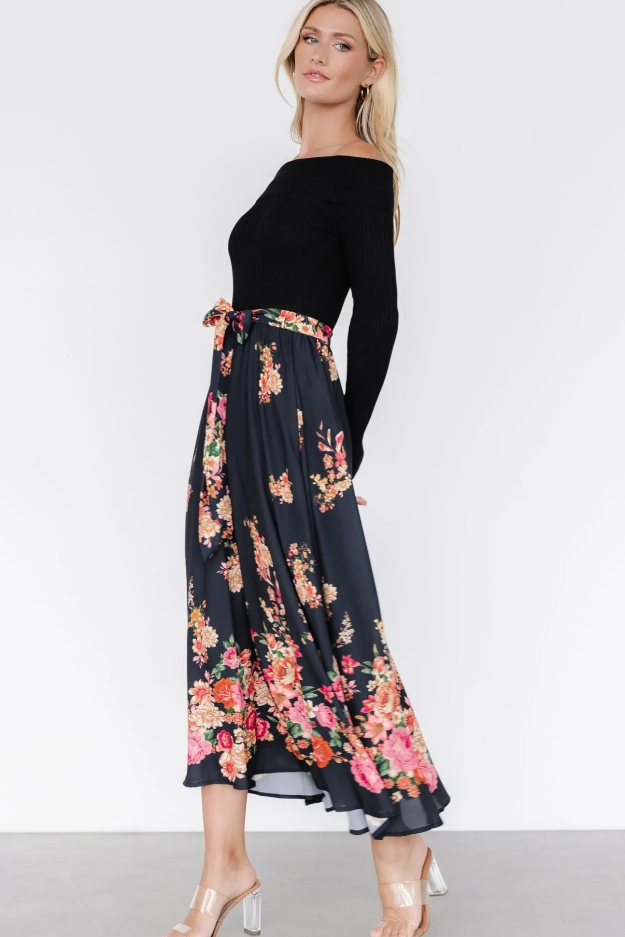 Fashion Baltic Born Qadira Off Shoulder Dress | Black + Multi Floral Black+MultiFloral