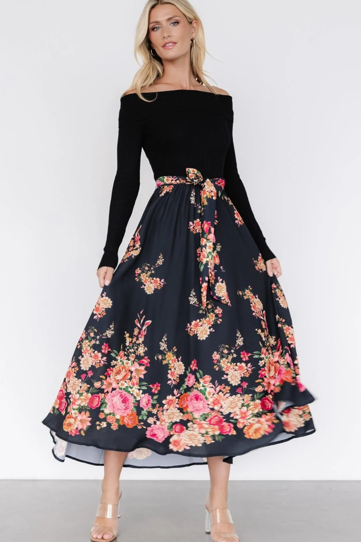Fashion Baltic Born Qadira Off Shoulder Dress | Black + Multi Floral Black+MultiFloral