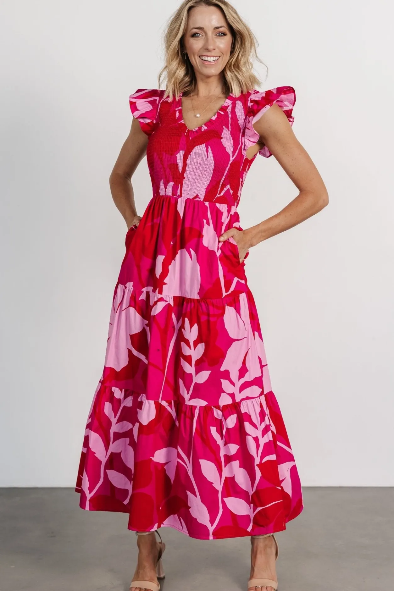 Clearance Baltic Born Ranchero Smocked Maxi Dress | Red + Pink Red+Pink