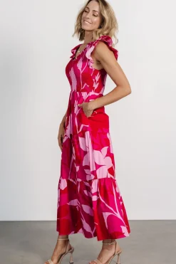 Clearance Baltic Born Ranchero Smocked Maxi Dress | Red + Pink Red+Pink