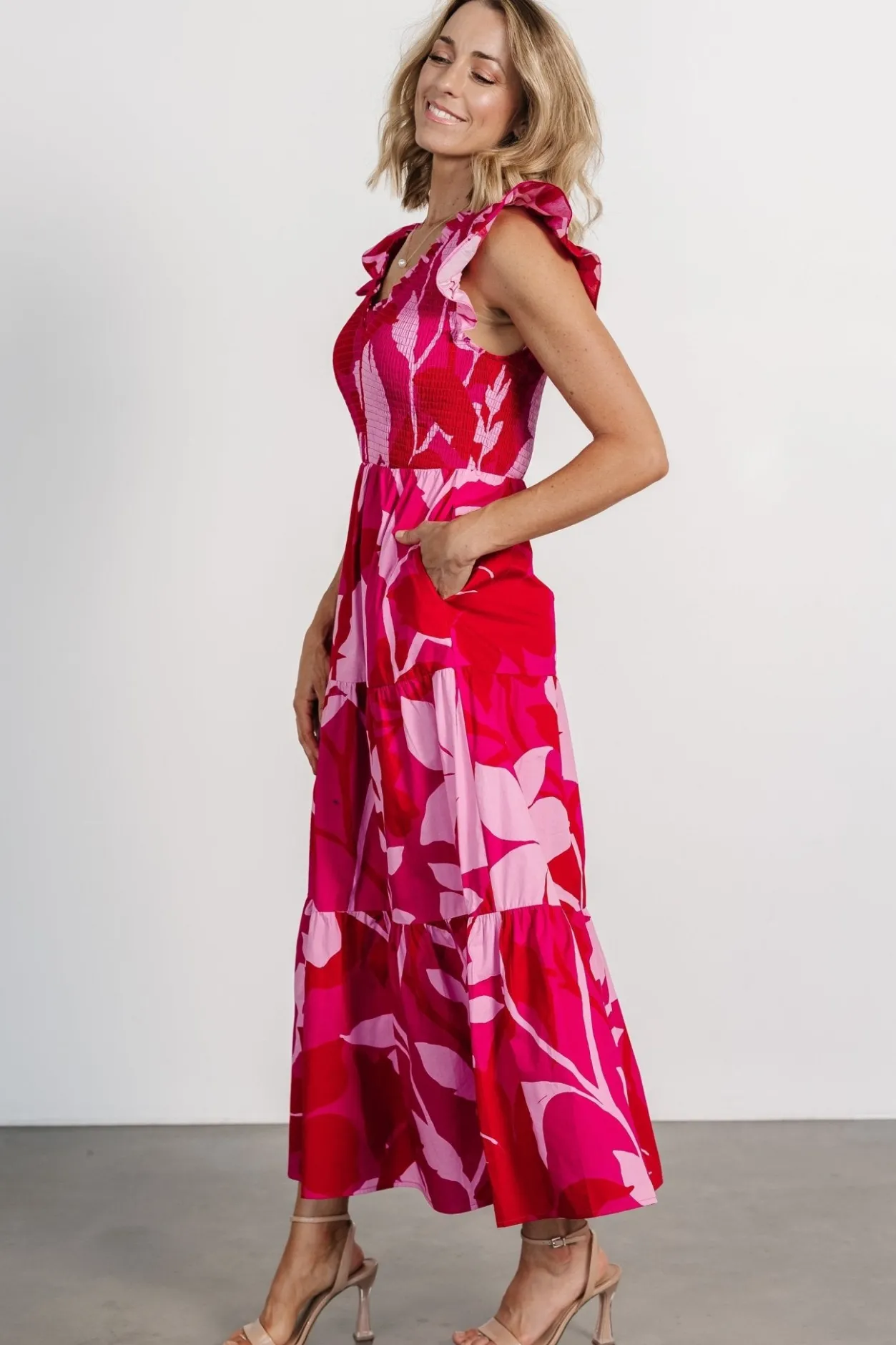 Clearance Baltic Born Ranchero Smocked Maxi Dress | Red + Pink Red+Pink