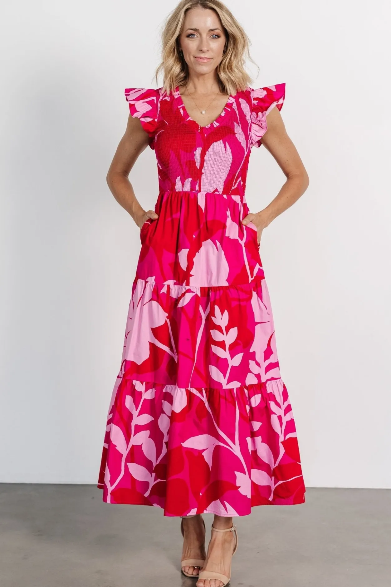 Clearance Baltic Born Ranchero Smocked Maxi Dress | Red + Pink Red+Pink