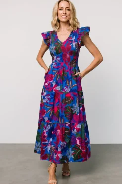 Clearance Baltic Born Ranchero Smocked Maxi Dress | Cobalt + Fuchsia Print Cobalt+FuchsiaPrint