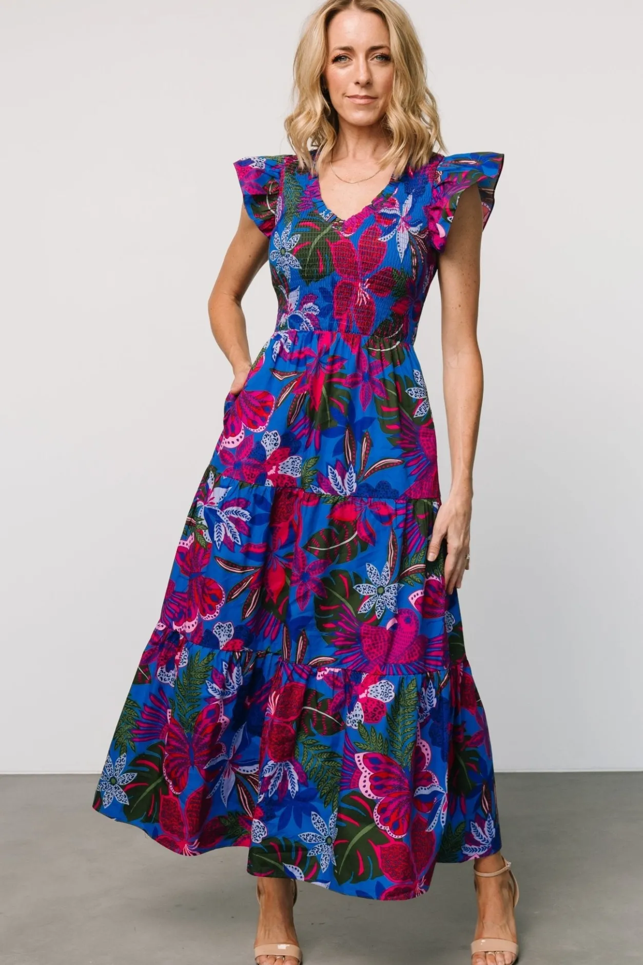 Clearance Baltic Born Ranchero Smocked Maxi Dress | Cobalt + Fuchsia Print Cobalt+FuchsiaPrint