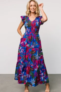 Clearance Baltic Born Ranchero Smocked Maxi Dress | Cobalt + Fuchsia Print Cobalt+FuchsiaPrint