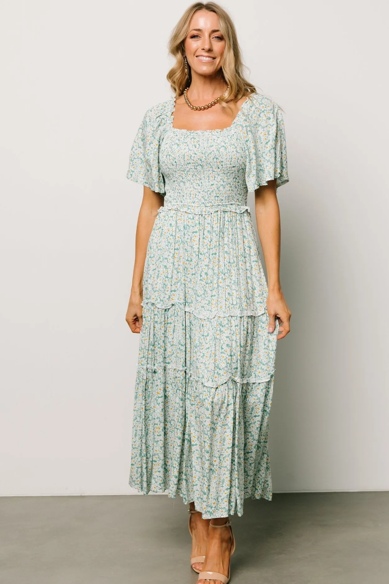 Hot Baltic Born Regina Smocked Maxi Dress | Green Floral GreenFloral
