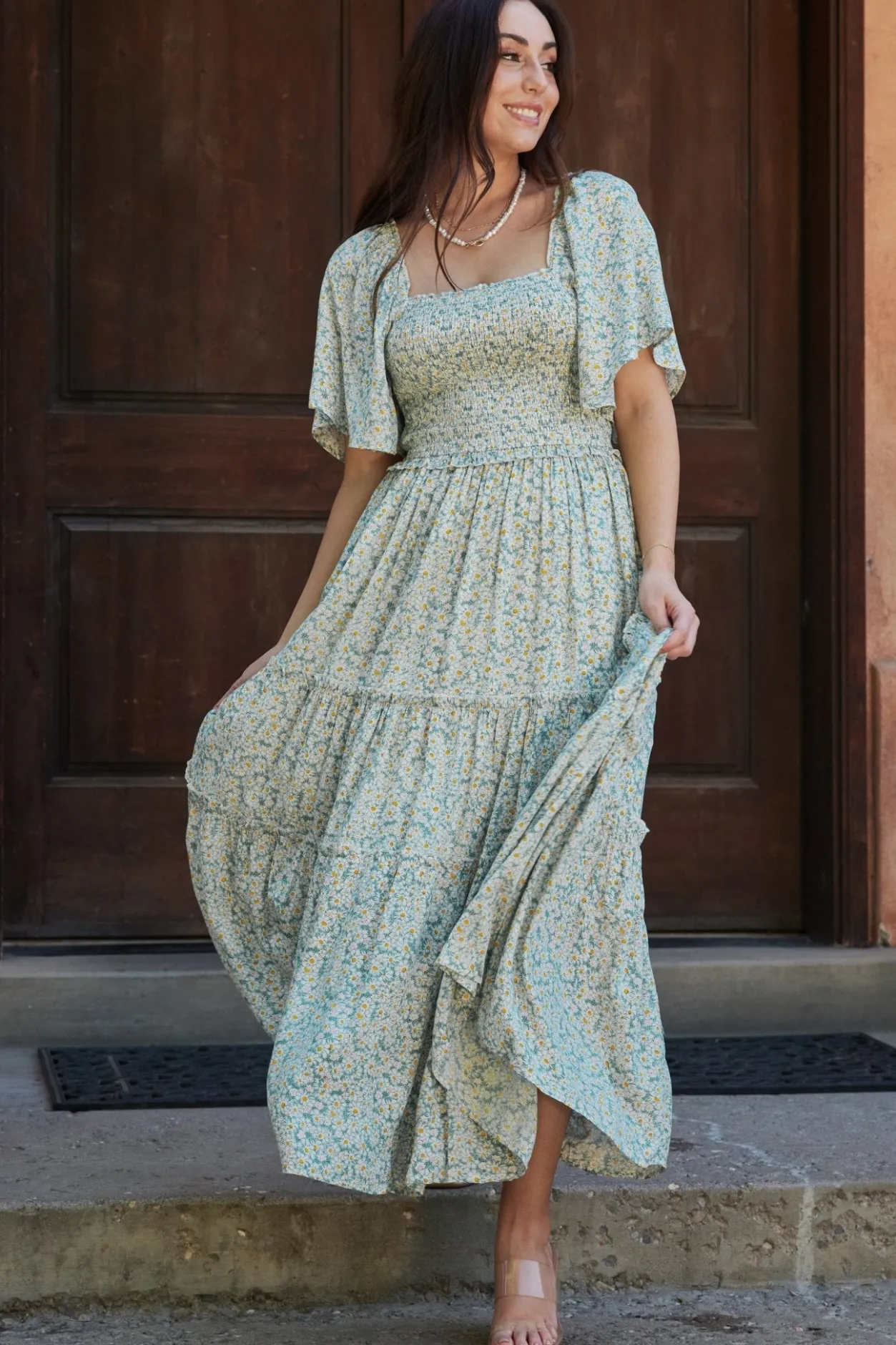 Hot Baltic Born Regina Smocked Maxi Dress | Green Floral GreenFloral