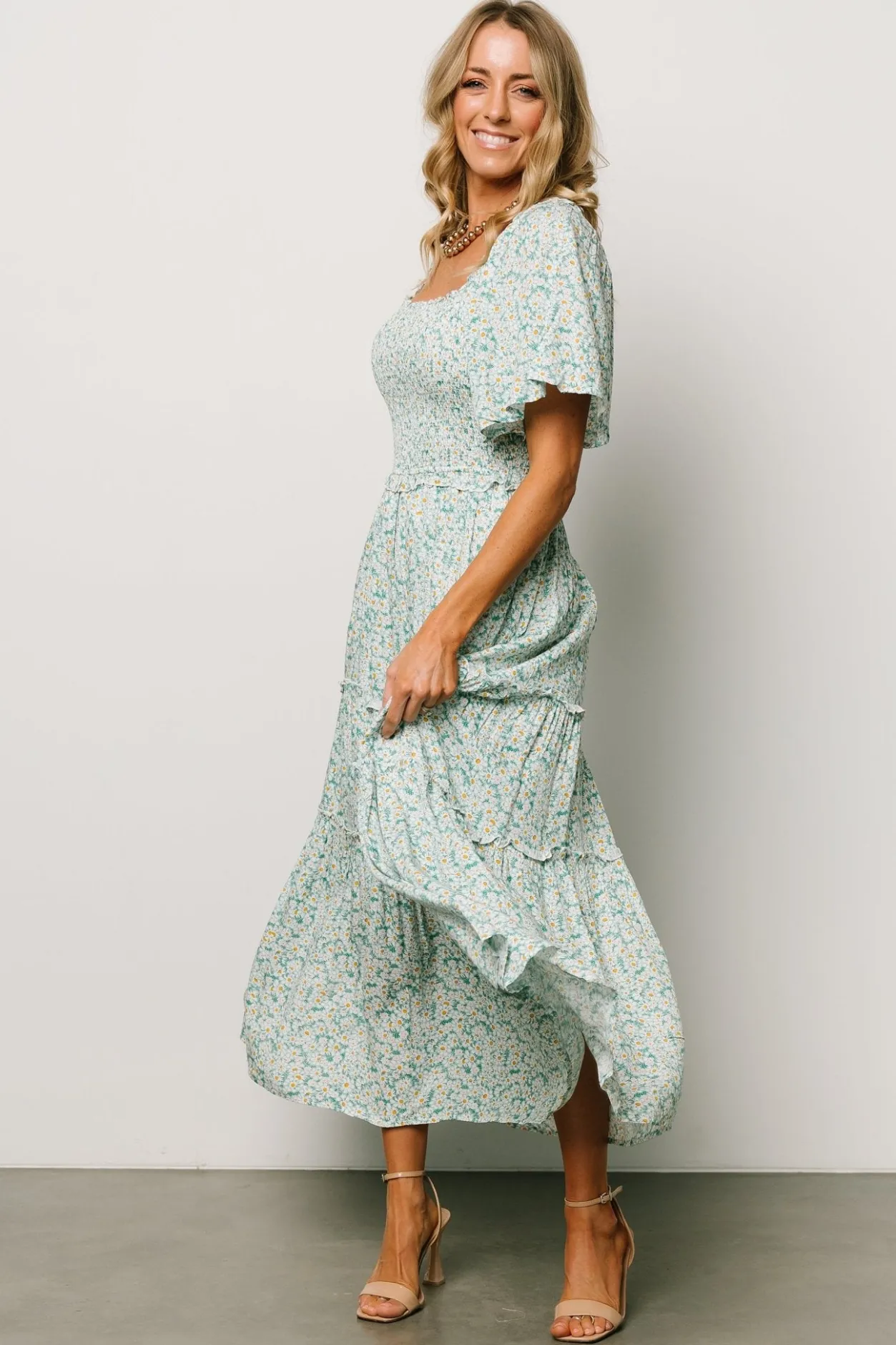 Hot Baltic Born Regina Smocked Maxi Dress | Green Floral GreenFloral
