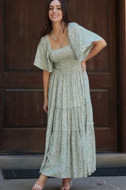 Hot Baltic Born Regina Smocked Maxi Dress | Green Floral GreenFloral
