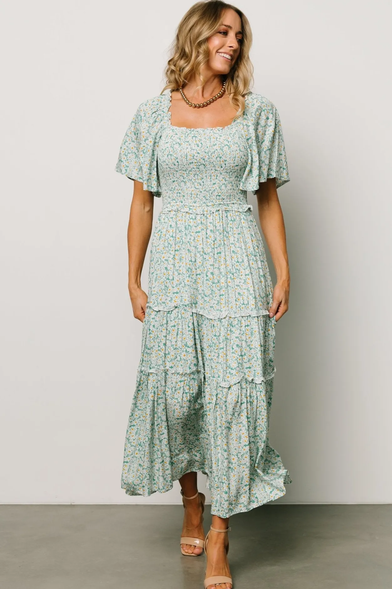 Hot Baltic Born Regina Smocked Maxi Dress | Green Floral GreenFloral