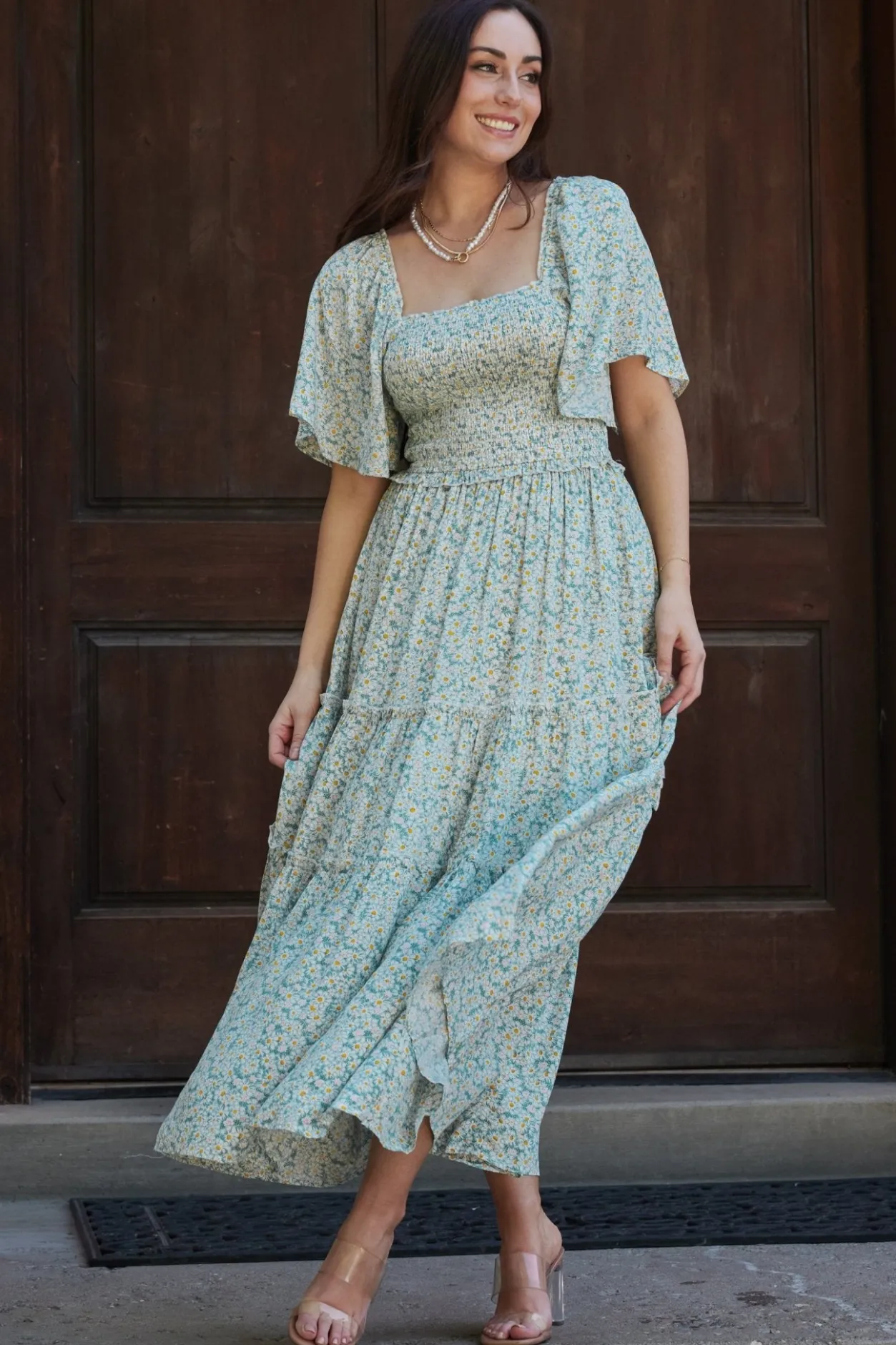 Hot Baltic Born Regina Smocked Maxi Dress | Green Floral GreenFloral