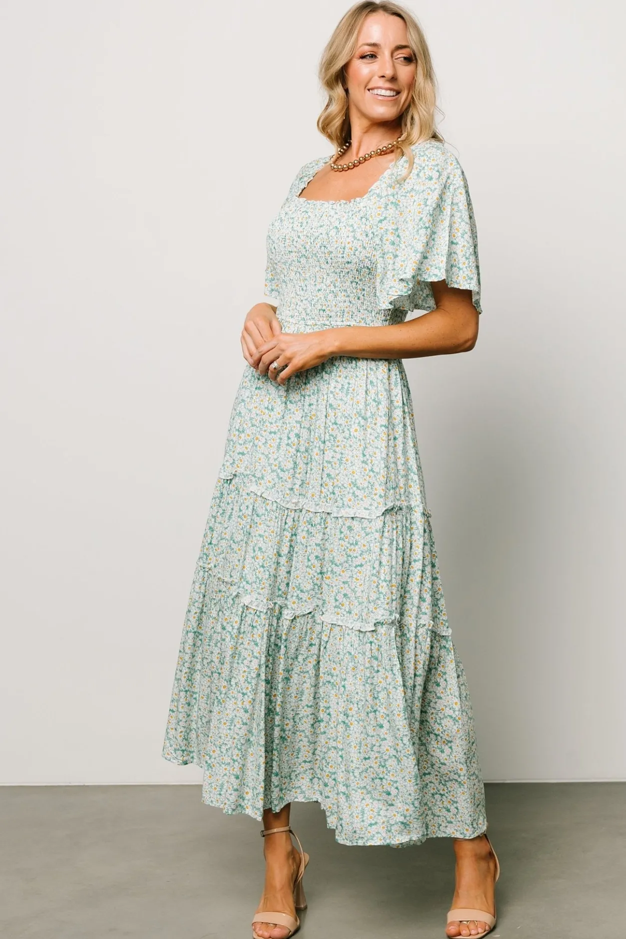Hot Baltic Born Regina Smocked Maxi Dress | Green Floral GreenFloral