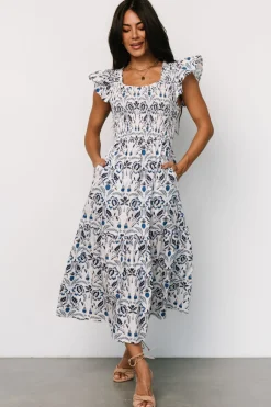 New Baltic Born Rhodes Smocked Dress | White + Blue Print White+BluePrint
