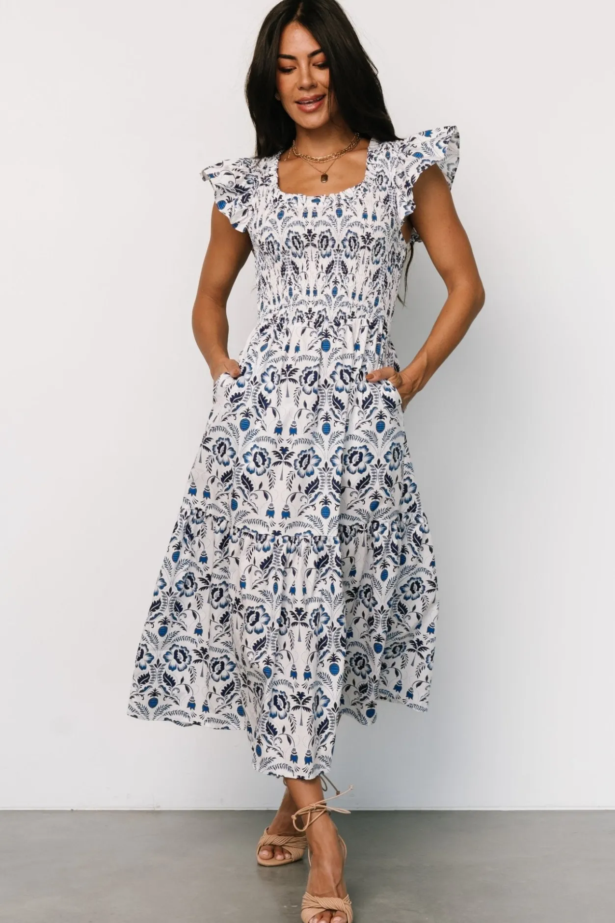 New Baltic Born Rhodes Smocked Dress | White + Blue Print White+BluePrint