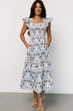 New Baltic Born Rhodes Smocked Dress | White + Blue Print White+BluePrint