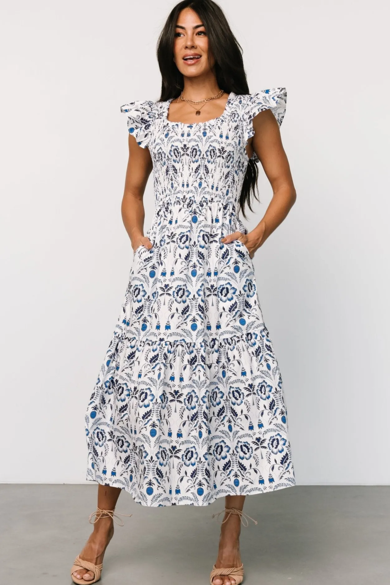 New Baltic Born Rhodes Smocked Dress | White + Blue Print White+BluePrint