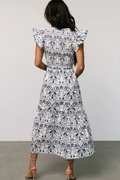 New Baltic Born Rhodes Smocked Dress | White + Blue Print White+BluePrint