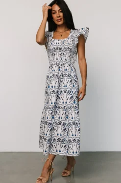New Baltic Born Rhodes Smocked Dress | White + Blue Print White+BluePrint
