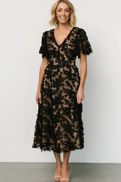 Clearance Baltic Born Sadie Embroidered Midi Dress | Black + Nude Black+Nude