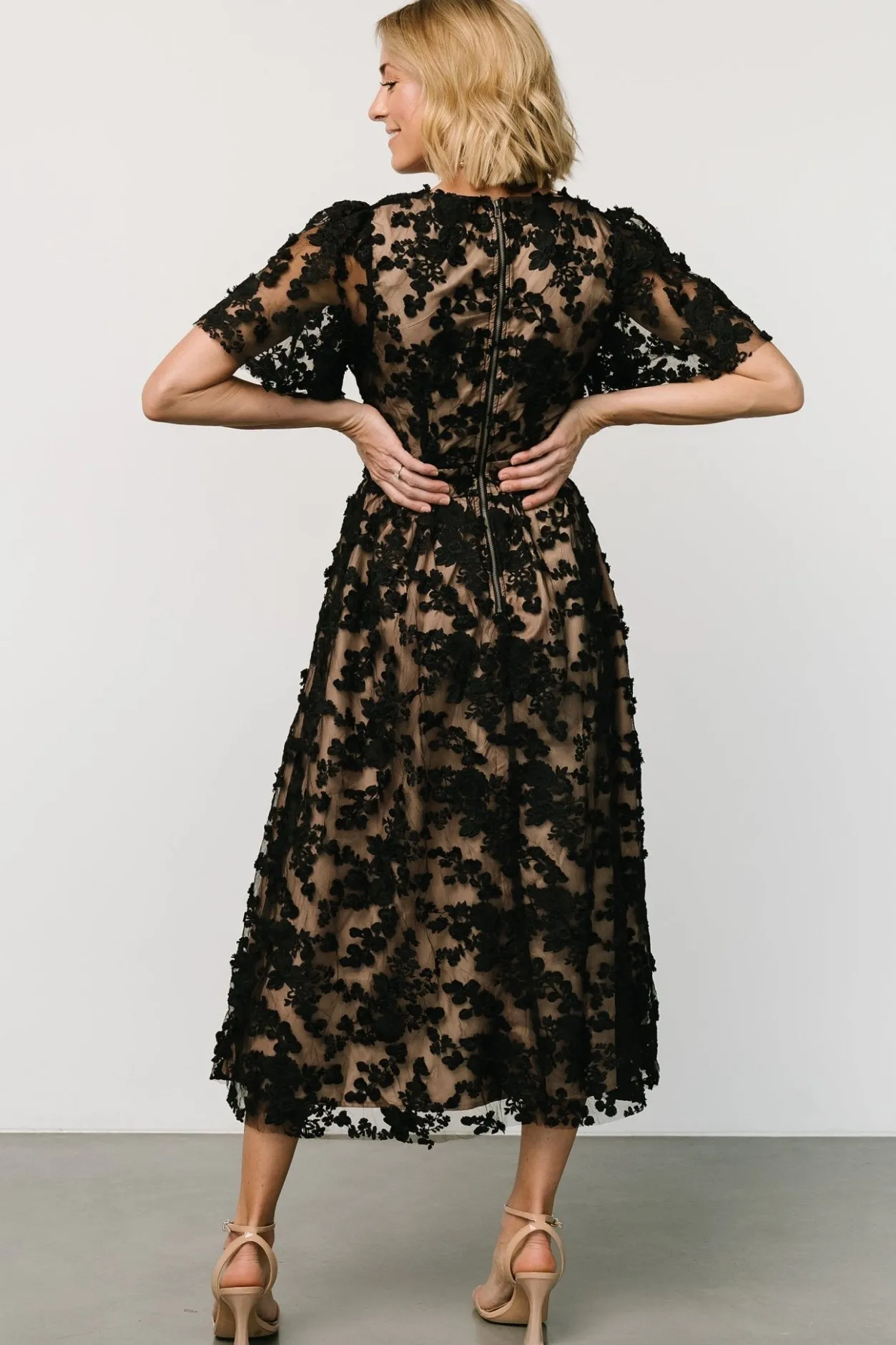 Clearance Baltic Born Sadie Embroidered Midi Dress | Black + Nude Black+Nude