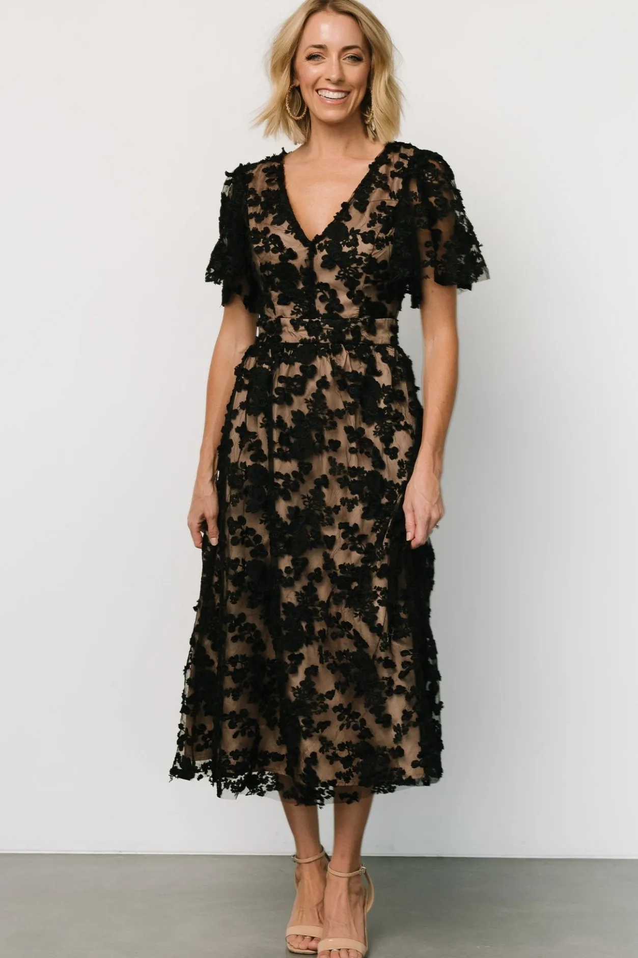 Clearance Baltic Born Sadie Embroidered Midi Dress | Black + Nude Black+Nude