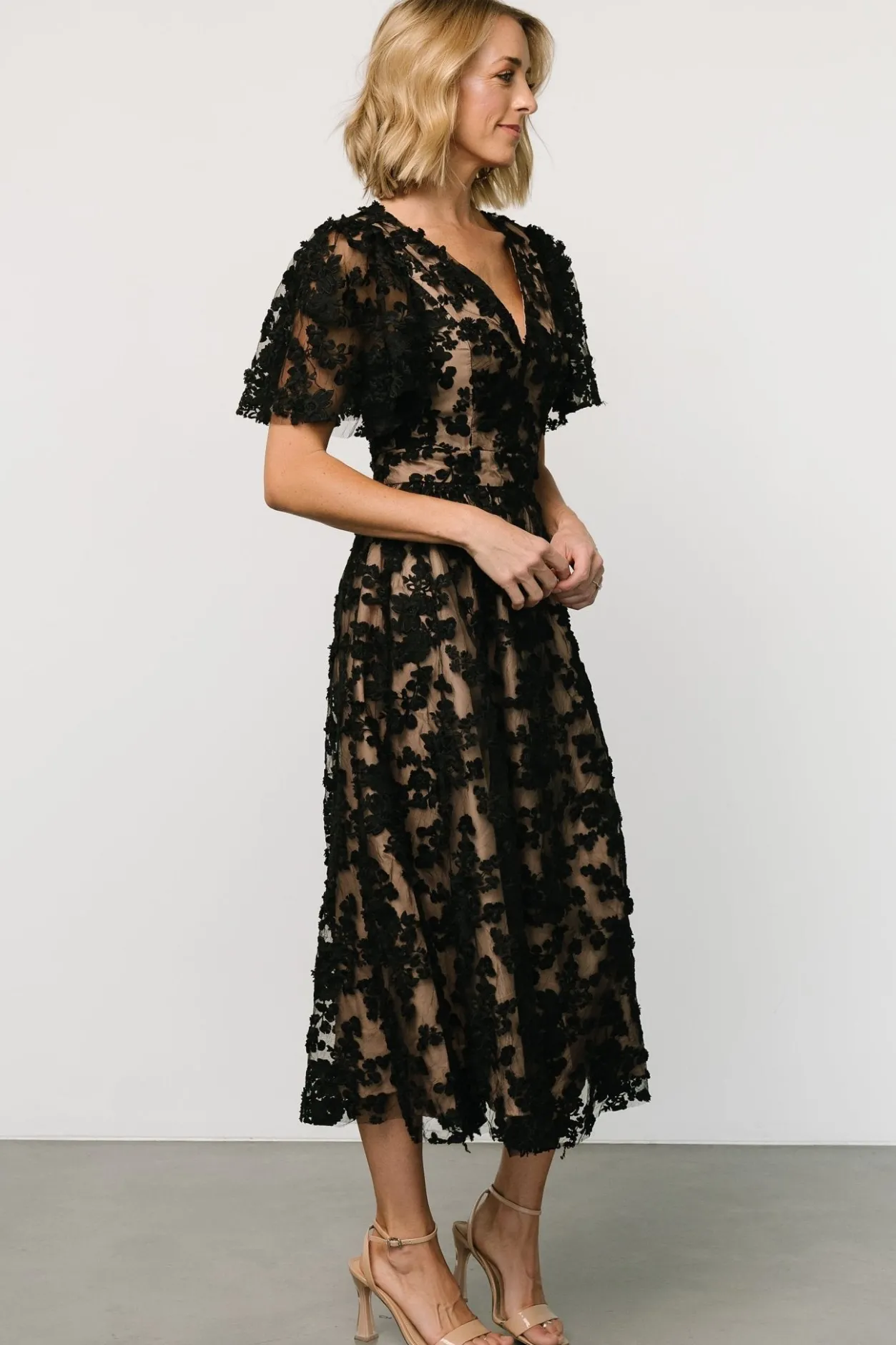 Clearance Baltic Born Sadie Embroidered Midi Dress | Black + Nude Black+Nude