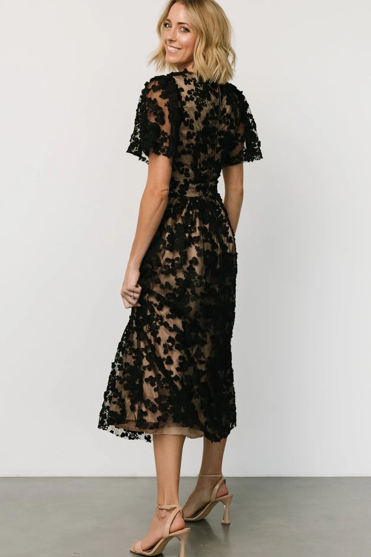 Clearance Baltic Born Sadie Embroidered Midi Dress | Black + Nude Black+Nude