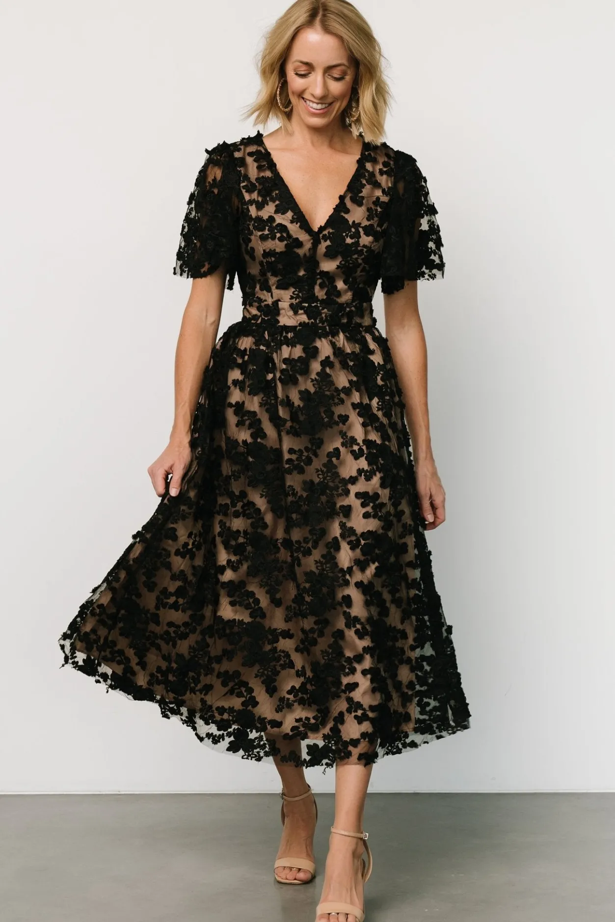 Clearance Baltic Born Sadie Embroidered Midi Dress | Black + Nude Black+Nude