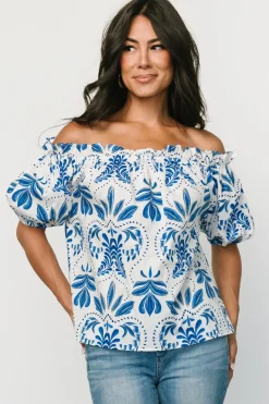 Hot Baltic Born Santorini Off Shoulder Top | White + Blue White+Blue