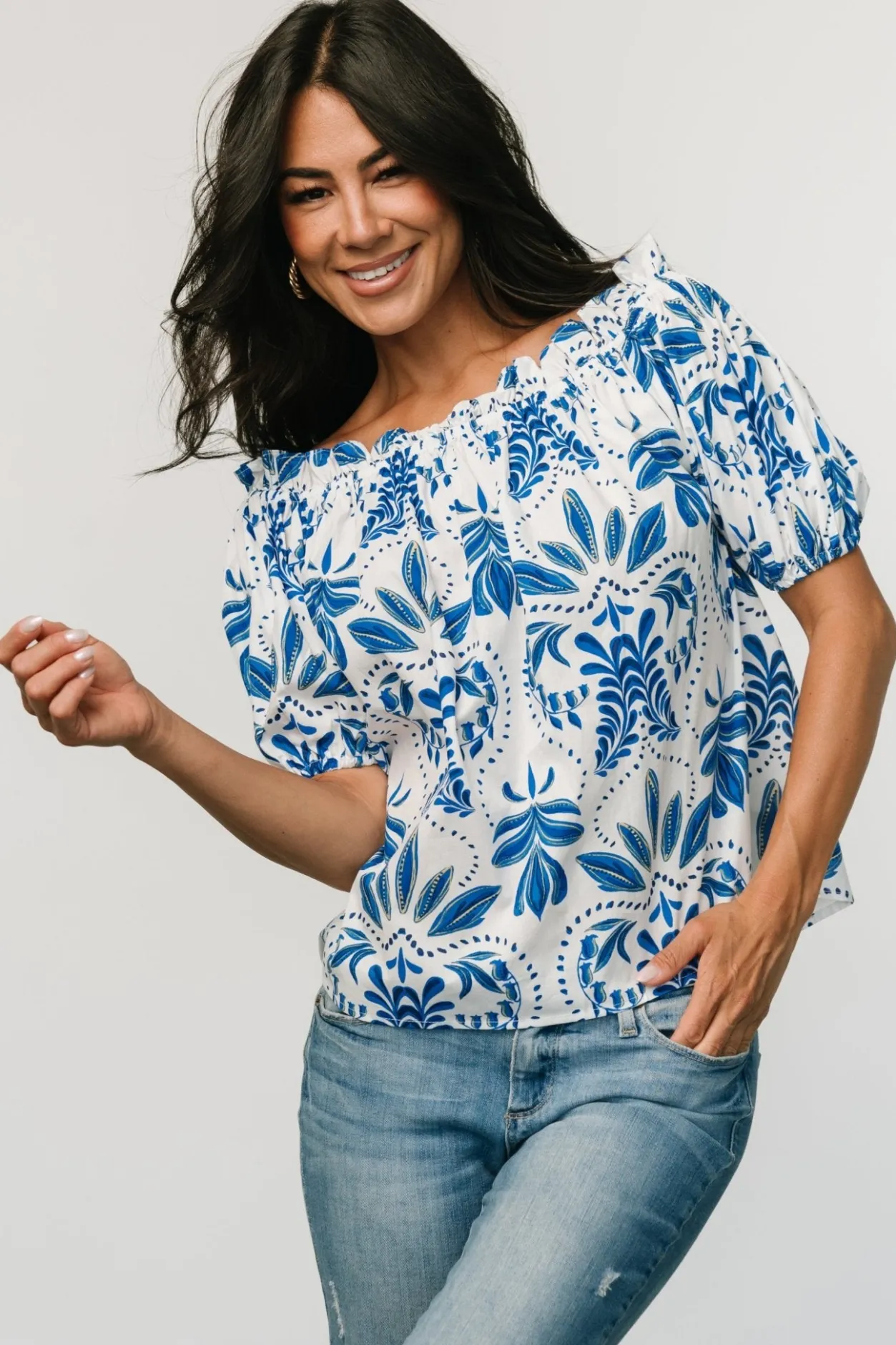 Hot Baltic Born Santorini Off Shoulder Top | White + Blue White+Blue