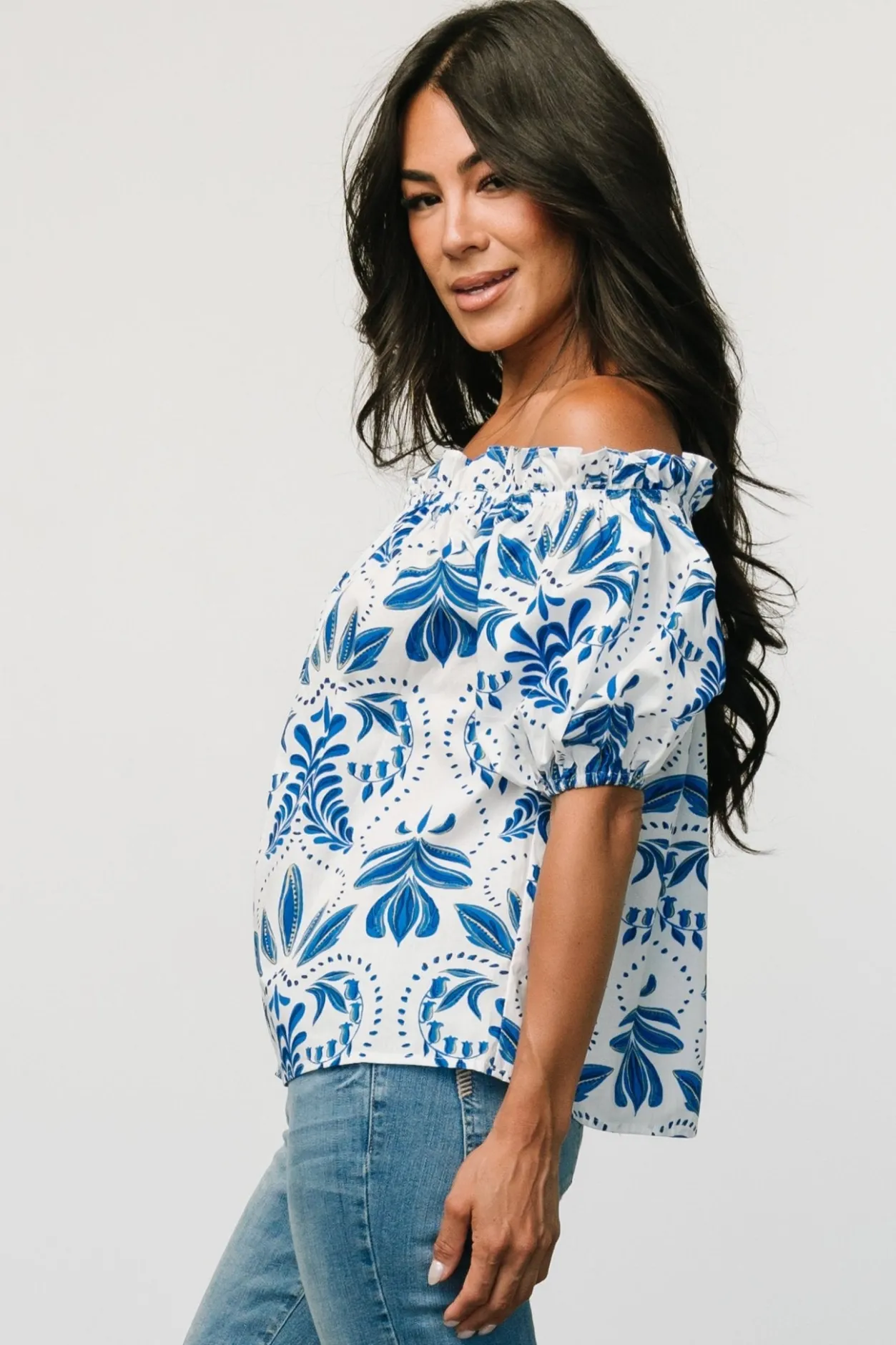 Hot Baltic Born Santorini Off Shoulder Top | White + Blue White+Blue