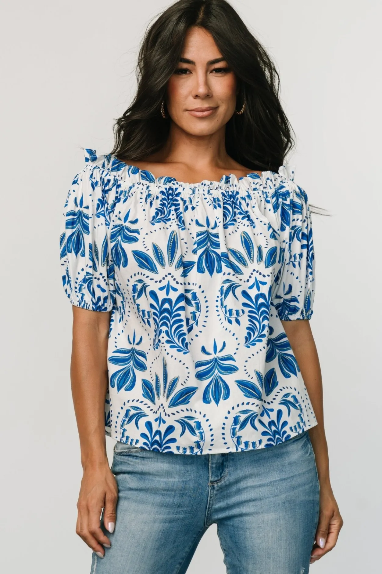 Hot Baltic Born Santorini Off Shoulder Top | White + Blue White+Blue