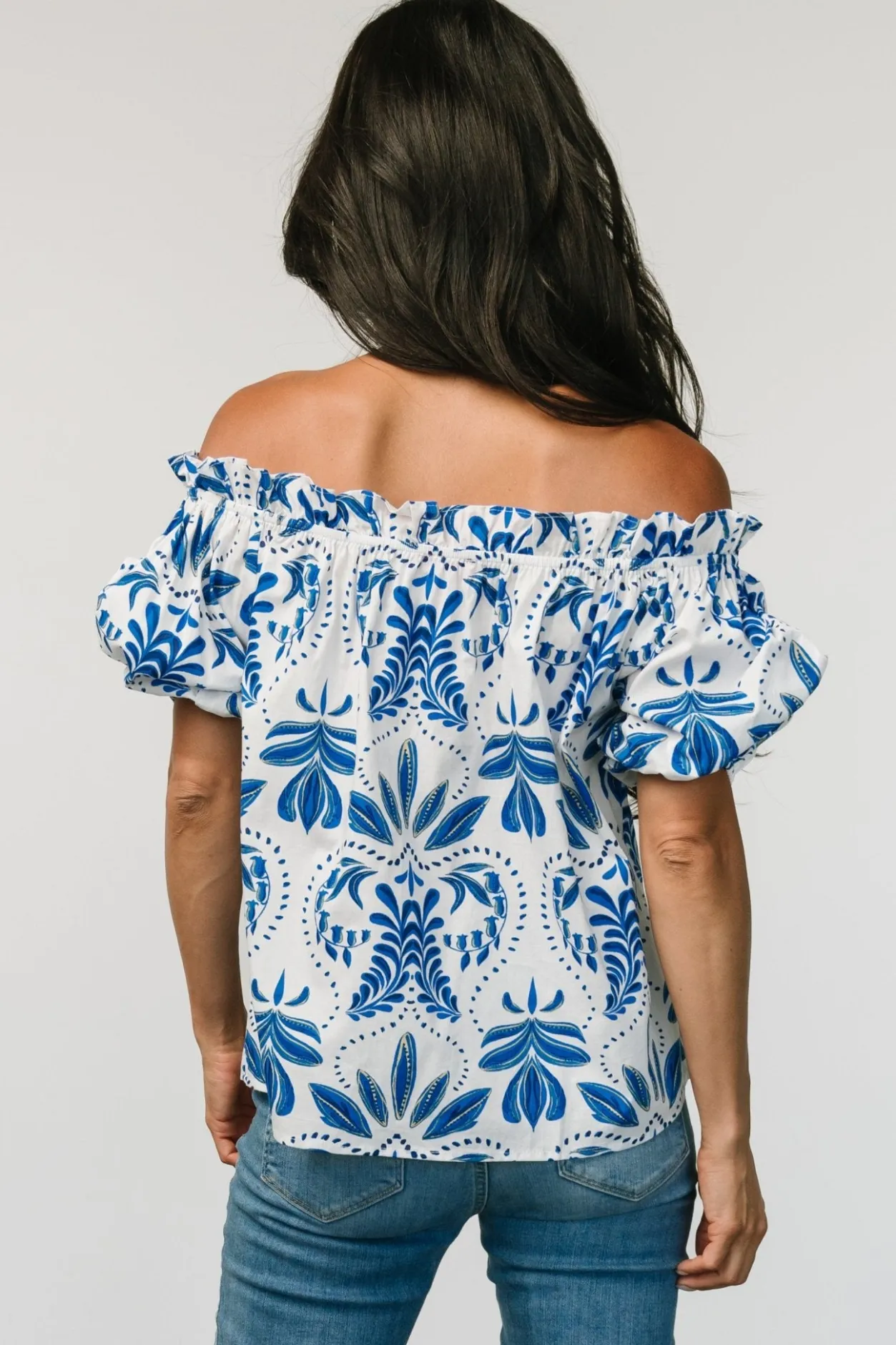 Hot Baltic Born Santorini Off Shoulder Top | White + Blue White+Blue