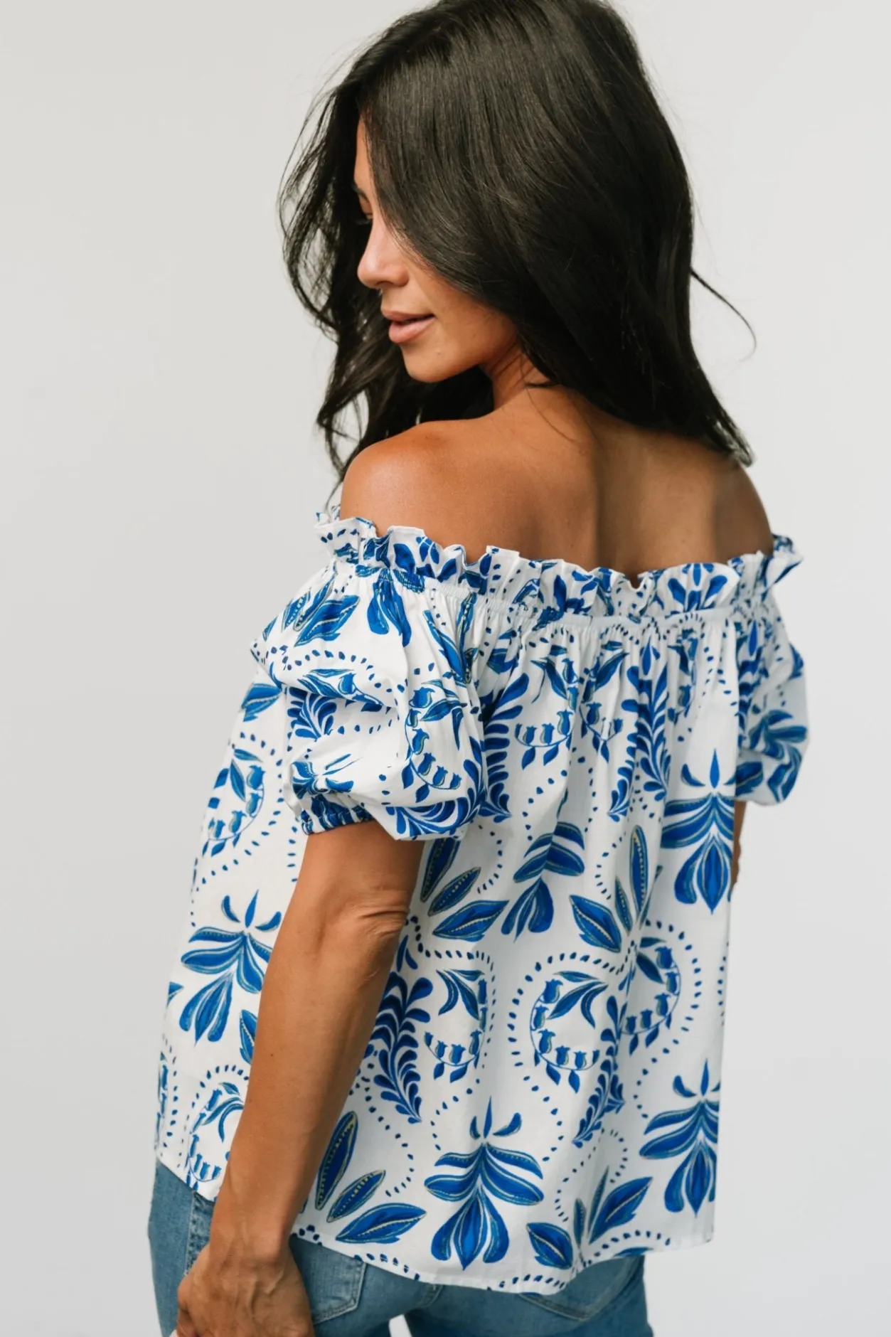 Hot Baltic Born Santorini Off Shoulder Top | White + Blue White+Blue